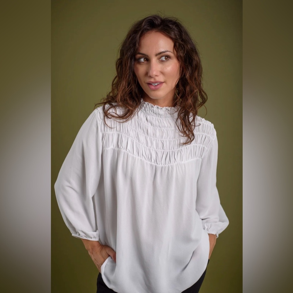 Romantic Blouse with High Ruched Neck and Long Sleeves - White - Size S